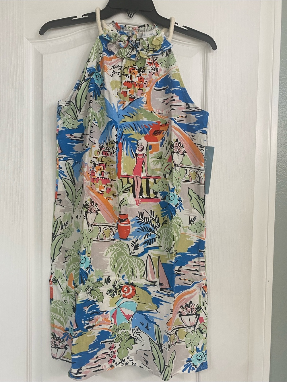 London Times Multicolor Tropical Halter Dress with Blue, Green & Pink